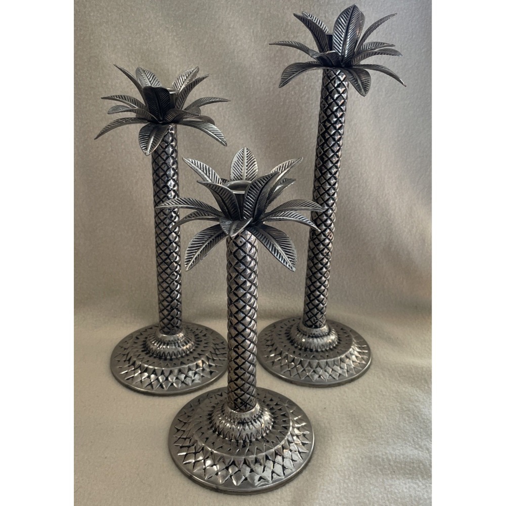 Vintage Set 3 Metal Palm Tree Taper Candle Holders Silver Blackwash Felt Bottom